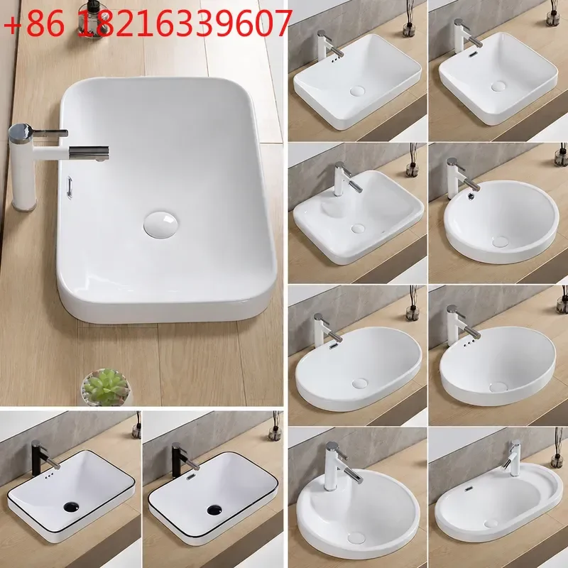 YAOSemi Embedded Ceramic Basin Oval Washbasin Household Bathroom Sink White Porcelain Lavatory Basin for Modern Home Decor