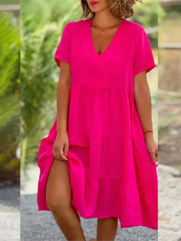 Verão sexy decote em v vestido sólido para mulheres moda casual solto pulôver vestidos vestidos praia férias roupas femininas robe femmer