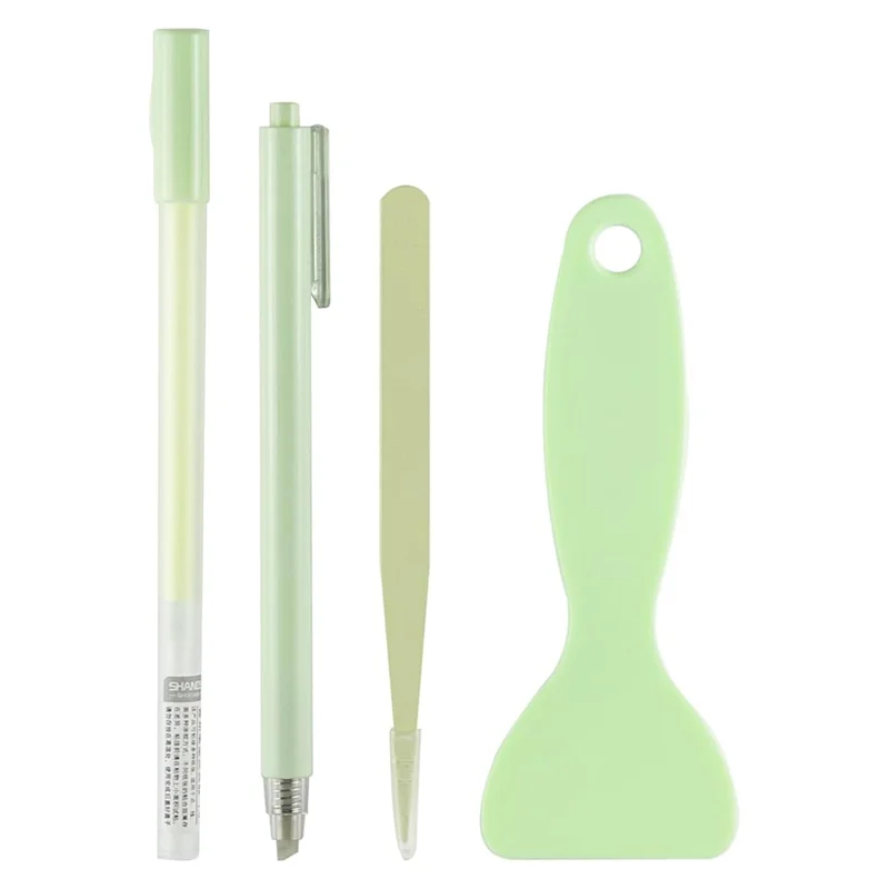 

N04R Набор инструментов для скрапбукинга из 4 предметов с наклейками, пинцетом, клеевой ручкой, лопаткой и резаком для рукоделия