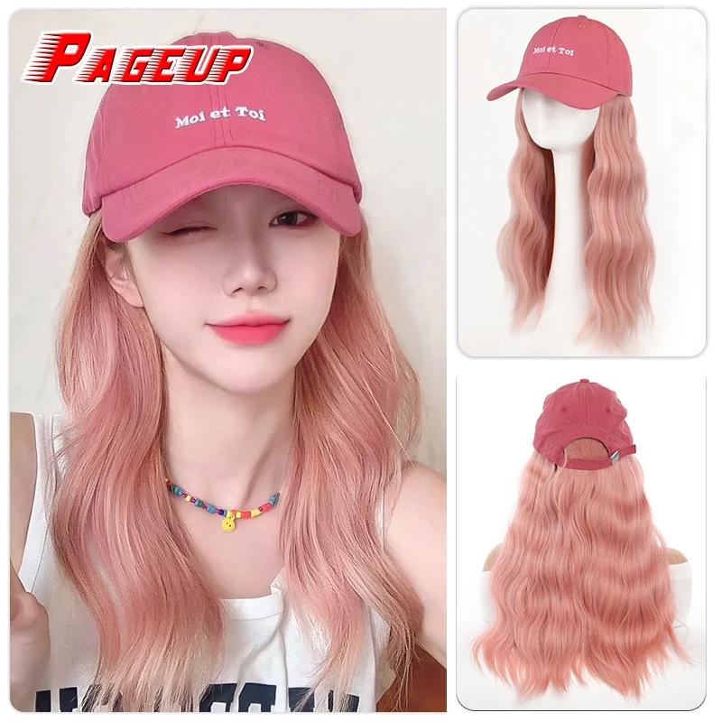 

PAGEUP New Synthetic Baseball Cap Wig Long Straight water ripple Hair Extension pink Wig Hat Hair Woman Daily Wear Fashion