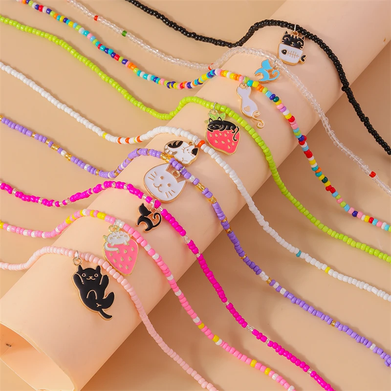 5-teiliges Set zufälliger modischer handgefertigter Perlenketten für Frauen, Cartoon-Tier-Katzen-Halsketten, Schmuckgeschenke für Mädchen, Party, Festival – Detail 6