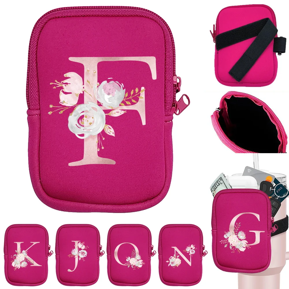 Daily Tumbler Carry Bag Coin Purse Pink Flower Letter Print Water Bottle Sleeve Outdoor Cup Storage Carrier Pouch