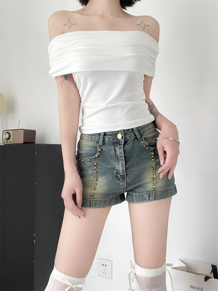 Women's Rivet Design Shorts Street Style Denim Cool Girl High Waist Cowboy Mini Trousers Female Summer Sexy Hot Pants