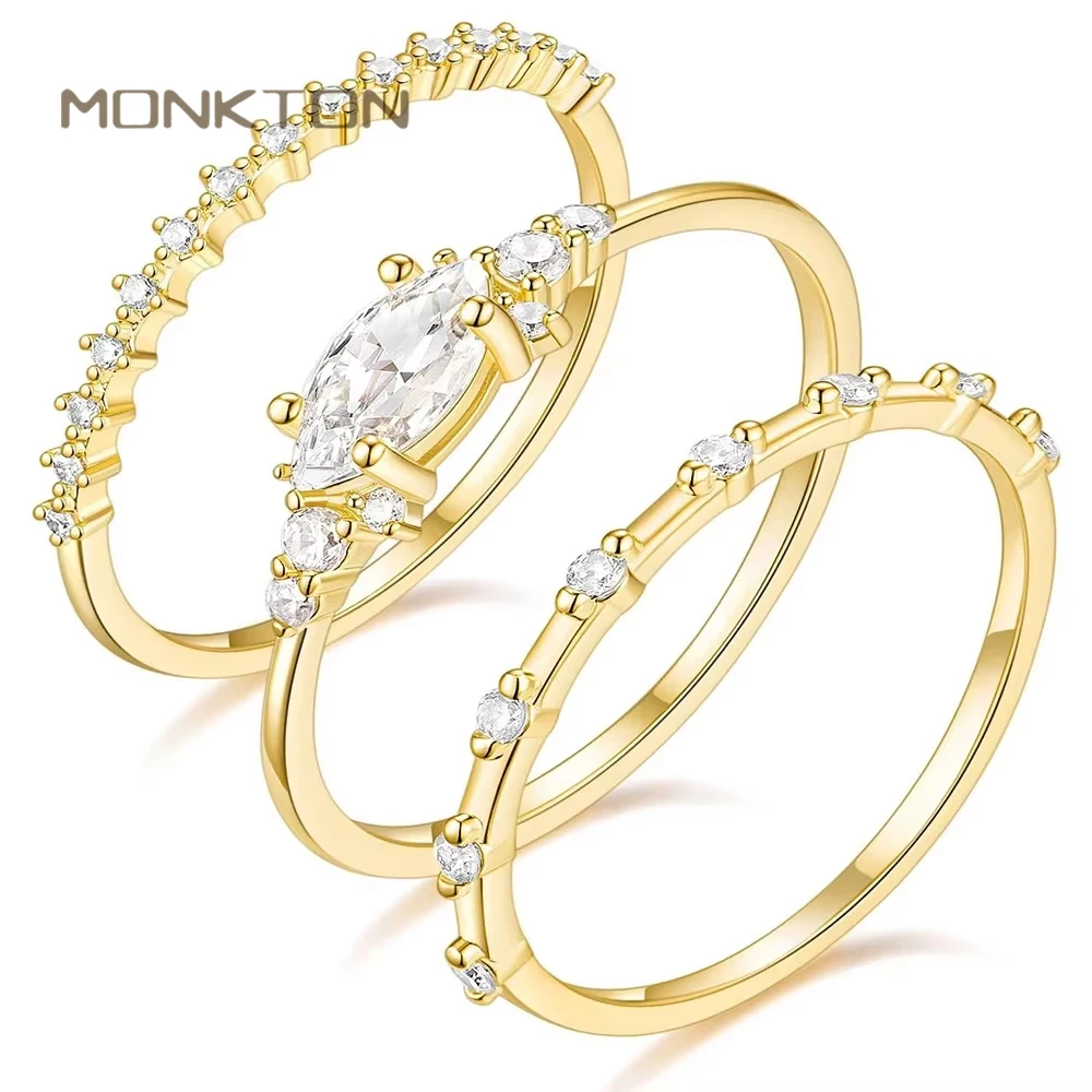 Monkton 3Pcs 14K Gold Plated Stacking Rings for Women Knuckle Thin Band Marquise&Round Cubic Zirconia Statement Ring Set