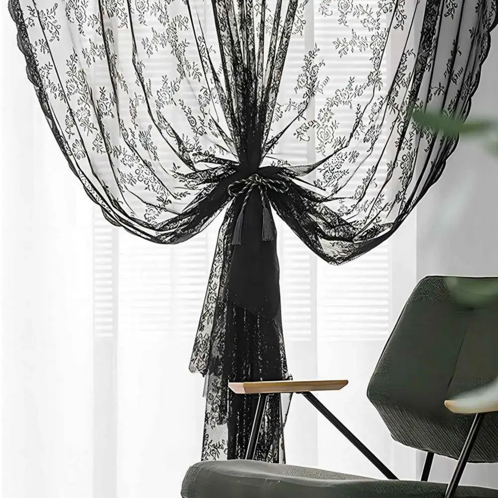 Lace Curtain Decorative Good Air Permeability Sunscreen Window Curtain Dustproof Floral Patterned Black Lace Sheer Curtain