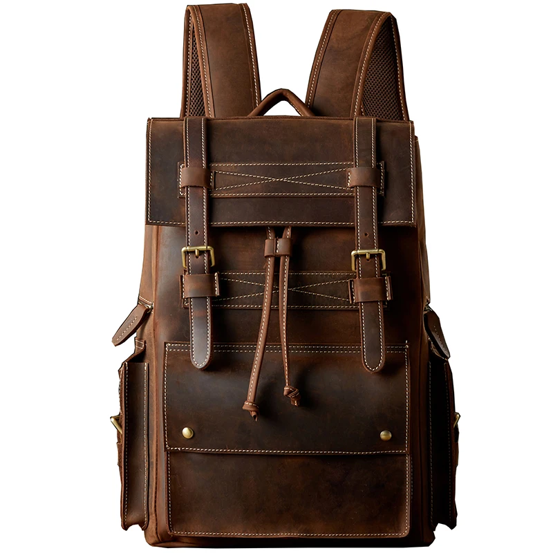 

Handmade Retro Crazy Horse Leather Backpack Multi-functional Cowhide Knapsack Genuine Leather 16 Inch Laptop Bag Men's Rucksack