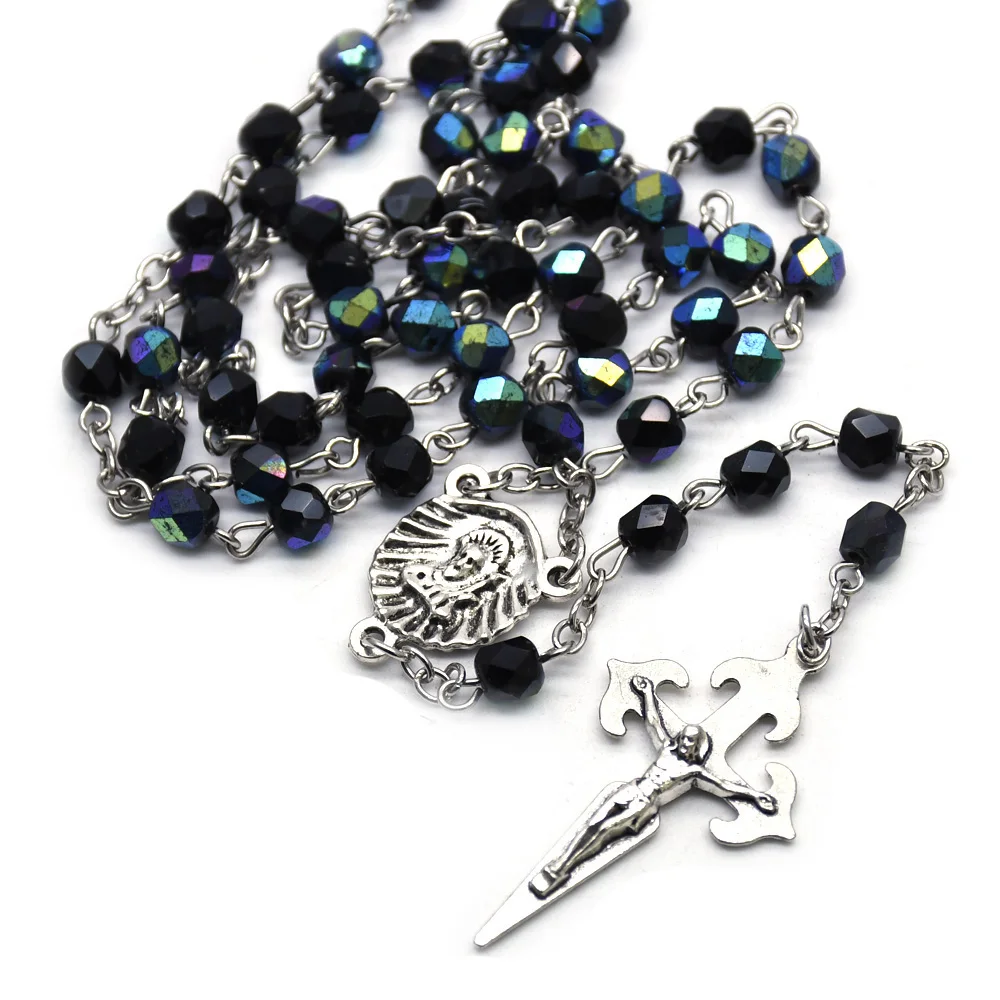 Santiago Rosary Necklace Long Metal Shell Cross Pendant Crystal Beads For Men Women