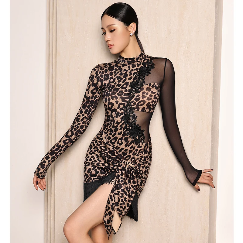 Vrouwen Latin Dansvoorstelling Kleding Concurrentie Jurk Sexy Tops Luipaard Rokken Chacha Dans Kostuum Volwassen Praktijk Slijtage L17463