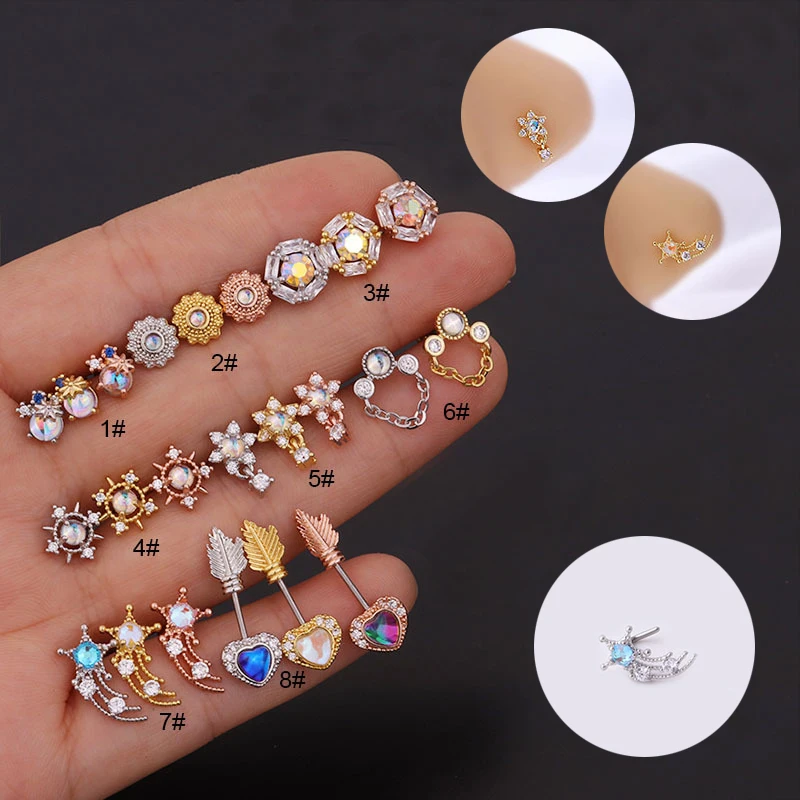 Moda 1 pz chirurgico in acciaio inox stella sole naso Stud naso anello vite naso Piercing gioielli zircone colorato a forma di L naso Stud