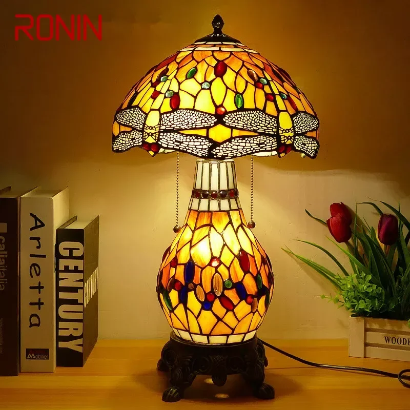 RONIN Tiffany Table Lamp American Retro Living Room Bedroom Lamp Luxurious Villa Hotel  Stained Glass Desk Lamp