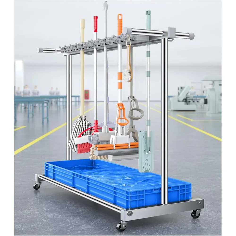 مكنسة وممسحة محمولة، منظم مستلزمات التنظيف، عربة التنظيف، عربة التدبير المنزلي، رف تجفيف الممسحة مع أونصة