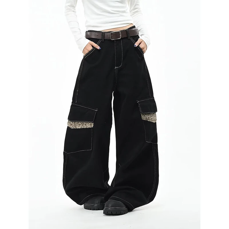 2026 Autumn Winter Women's Retro Leopard Print Stitching Black Baggy Jeans Y2K Street Fashion Versatile Wide-Leg Pants