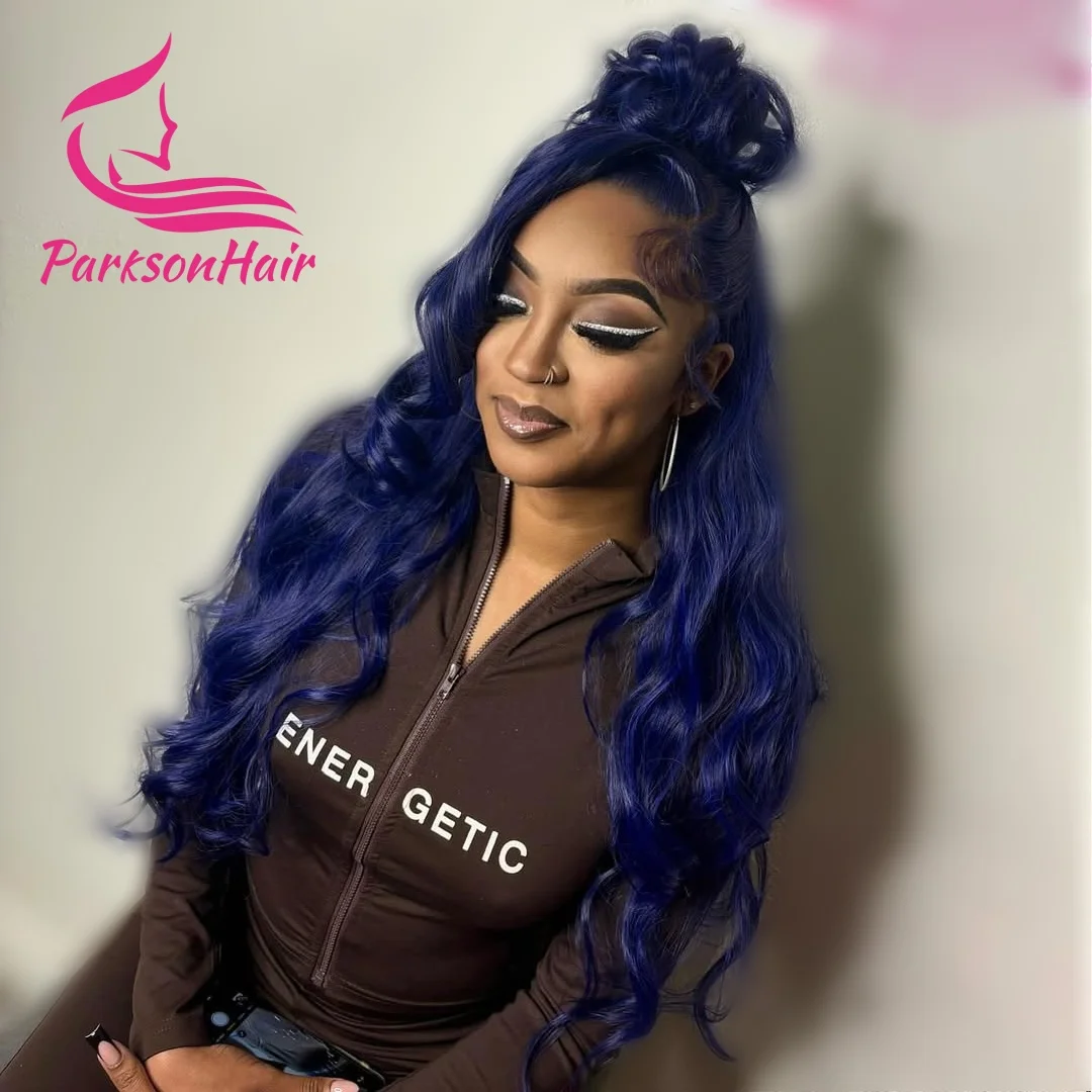 13x6 منتصف الليل الأزرق الشفاف الدانتيل الجبهة خصلات الشعر المستعار الإنسان للنساء 4x4 الدانتيل إغلاق شعر مستعار الجسم موجة الأزرق الداكن خصلات الشعر المستعار الإنسان