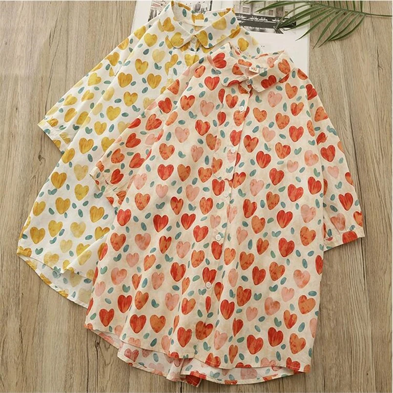 Fashion Lapel Button Casual Shirts All-match Love Print Cute Blouse Women Clothing 2026 Summer New Loose Tops Office Lady Blouse