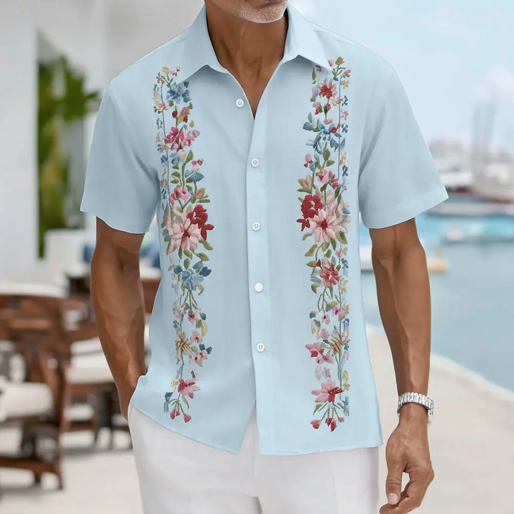 

Men's Ethnic Style Flowers 3D Print Short Sleeve Shirt, Retro Turndown Collar Button Up Shirt, Daily Vacation Outfits for Summer