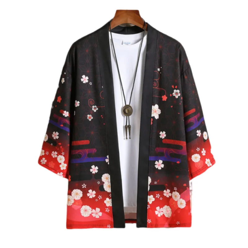 Summer Casual Japanese Floral Print Haori Kimono Fox Mask Pattern Dark Red Open Cardigan for Men Women 3/4 Sleeve Streetwear