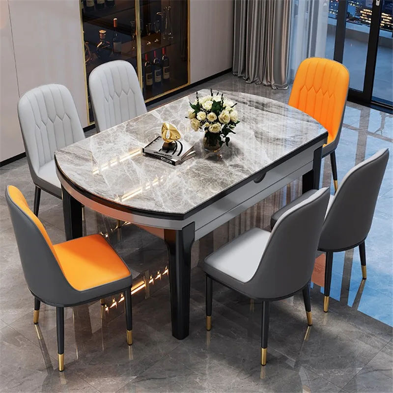 Solid wood rock slab dining table and chair combination, household, small apartment square becomes round telescopic