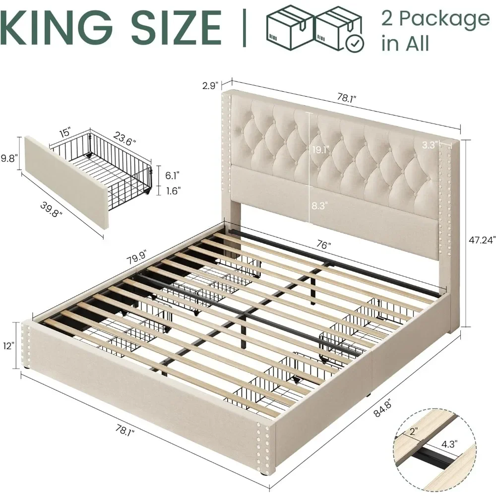 Platform Bed Frame with 4 Storage Drawers and Headboard Linen Upholstered Bed Frame