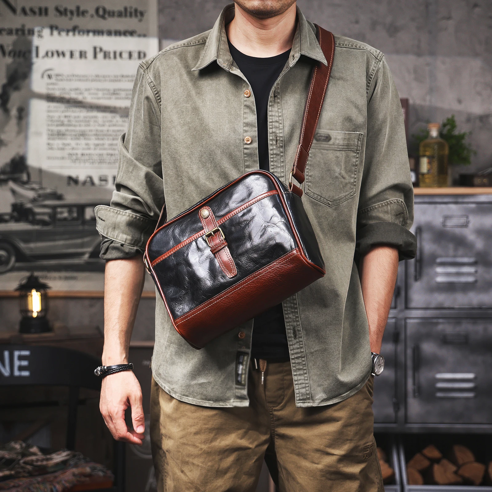 S.WORKER Vollnarbenleder-Umhängetasche für Herren Vintage Echtleder Herrenmode Schultertasche Messenger Bag – Detail 6