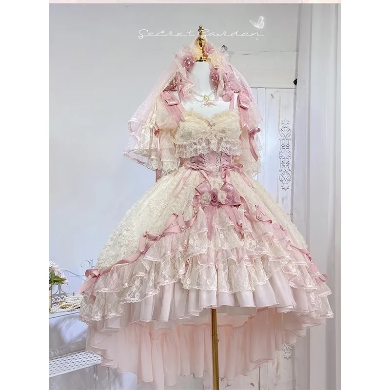 Pink Princess Style Tea Party Lolita Suspender Dress Summer Sweet Flower Wedding Elegant Dress Women's High Waist Slim Dress