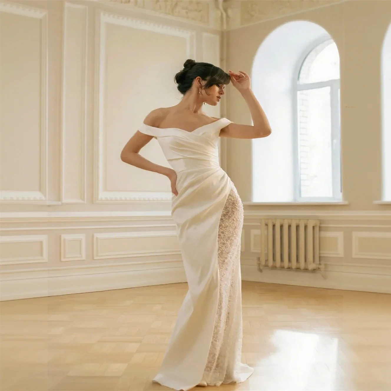 

Customized Satin Sheath Wedding Dress Off-Shoulder Sweetheart Neckline Elegant Back Zipper High Slit Sweep Train Gown for Bride