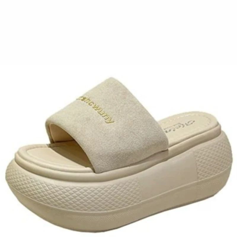 

8cm Women's Summer Outdoor Thick Bottom Platform Slippers Fashionable Flat Sandals Round Toe Rubber Outsole Breathable Slip-On