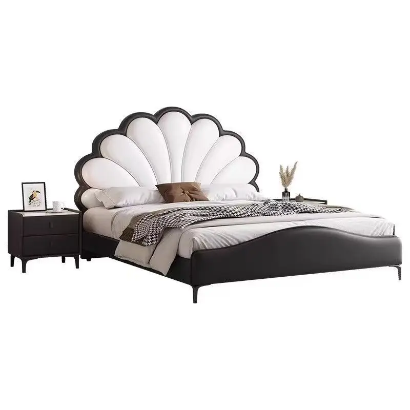 

#￥High Quality Leather Cream Bed with Soft Bag French Cream Luxury Modern Bedroom Furniture King-Size Upholstered Bed