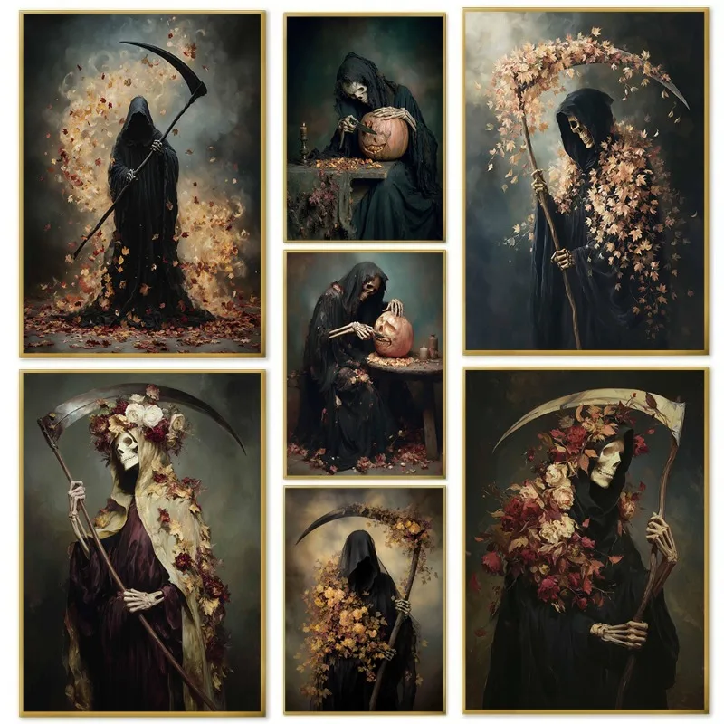 Gothic Grim Reaper Wall Art Vintage Halloween Canvas Print with Scythe Fall Leaves Dark Academia Autumn Decor Moody Home Decor