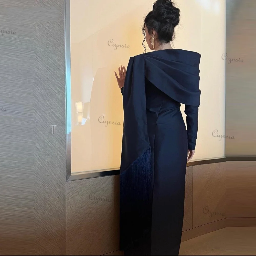 Ciynsia One Shoulder Navy Blue Bespoke Occasion Evening Dresses Women Saudi Arabia Satin Long Sleeves Elegant Formal Party Gowns