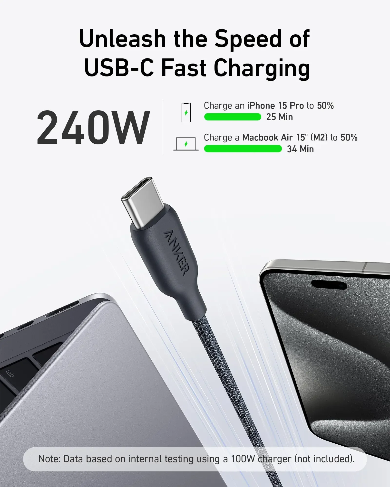 كابل Anker USB C إلى USB C (240 وات، 3 قدم)، كابل شاحن مضفر حيوي، شحن سريع لهاتف iPhone 15/15 Pro، MacBook Pro 2020، iPad Pro