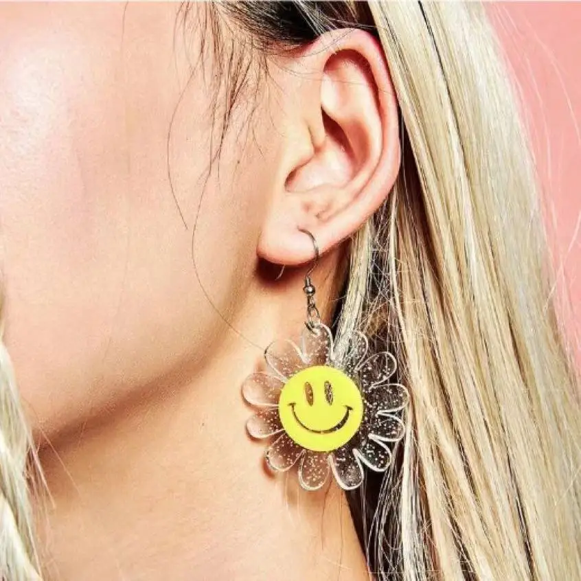 1Pair DIY Yellow Sunflower Smiling Face Design Dangle Earrings Cute Elegant Style Delicate Gift For Women Girls Jewelry