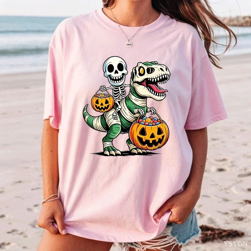 Halloween Mummy Dinosaur Skeleton Women T Shirt Pumpkin Print Short Sleeve Tees Soft Cotton Casual Tops Wear Gift Tops