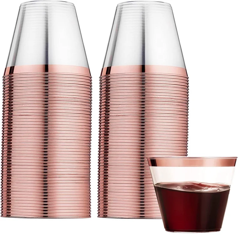 

Rose Gold Rimmed Plastic Cups, Plastic Tumblers Reusable Drink Cups Party Wine Glasses for Champagne Cocktail Martini