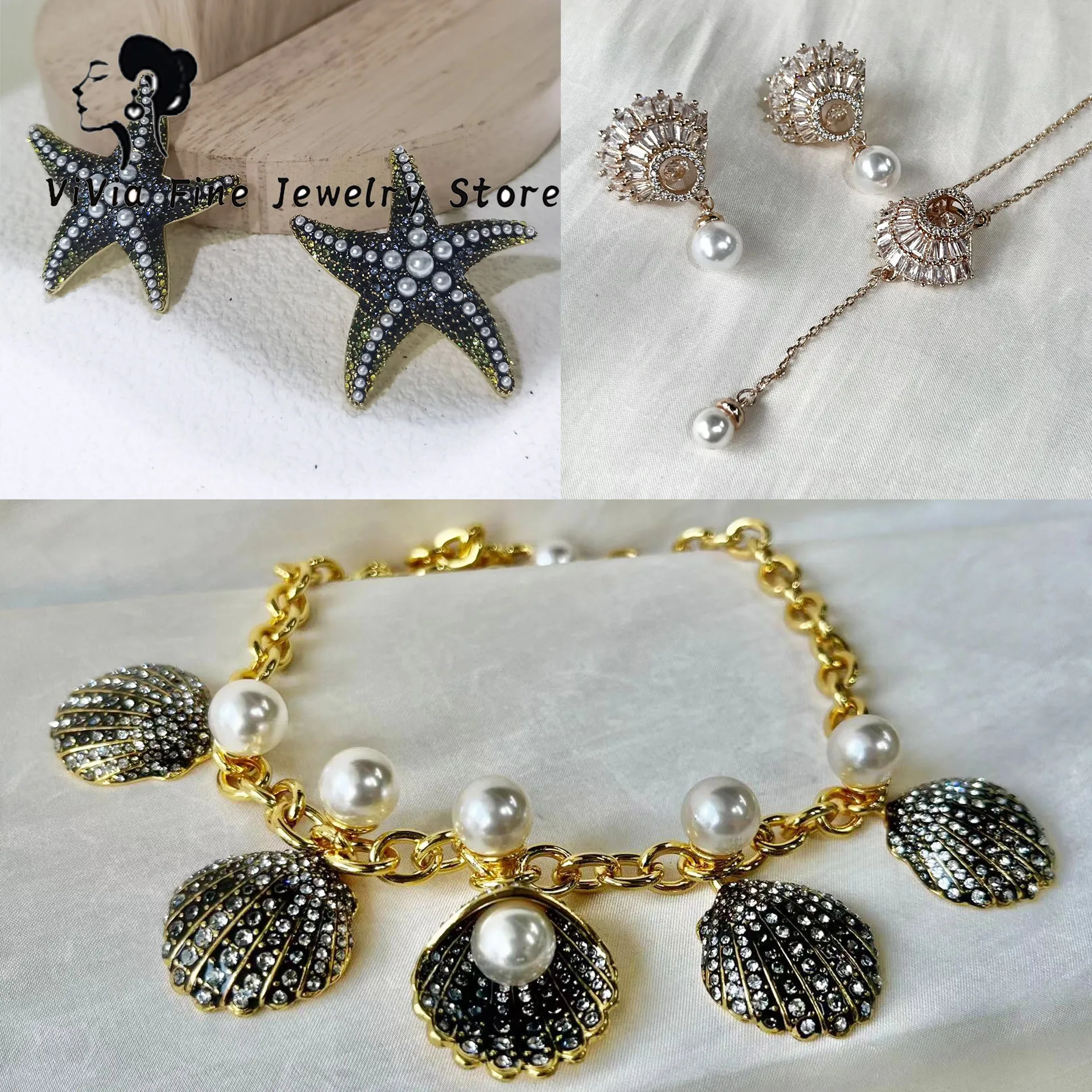 2024 New Fashion Ocean Series Starfish Necklace Original Fine Jewelry Set Women's Luxury Shell Earrings Star Pearl Bracelet Ring