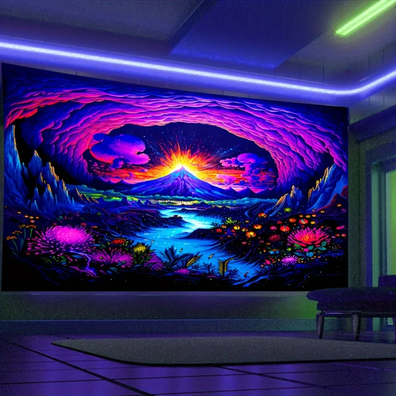 VIKAMA Trippy Wandteppich mit fluoreszierendem Farbverlauf, Vulkanhöhle, Fantasielandschaft, Wandbehang für Gaming-Raum, Schlafzimmer, Wohnheim-Dekoration