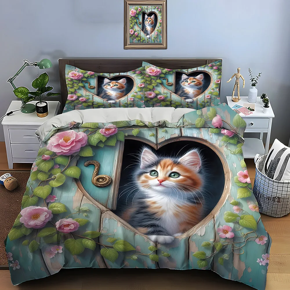 Kitten in Heart-Shaped Doorway Print Soft Comfortable Duvet Cover Bedding Set Included 1*Duvet Cover  2*Pillowcases for gifts