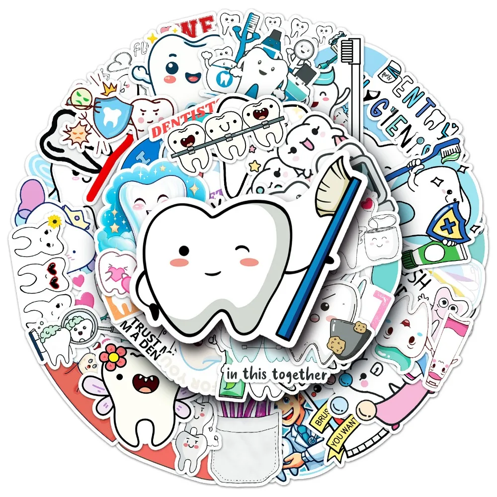 10/50Pcs Cute Dental Tooth Shaped Stickers Dentist Store Toothbrush Cartoon Teeth Sticker Decoration Dentistry Gifts