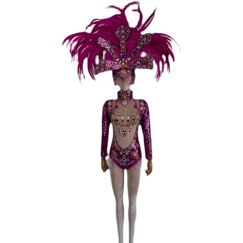 Gogo costume in bar and nightclub Laser sexy purple rhinestones conjoined stage performance DS dance costume