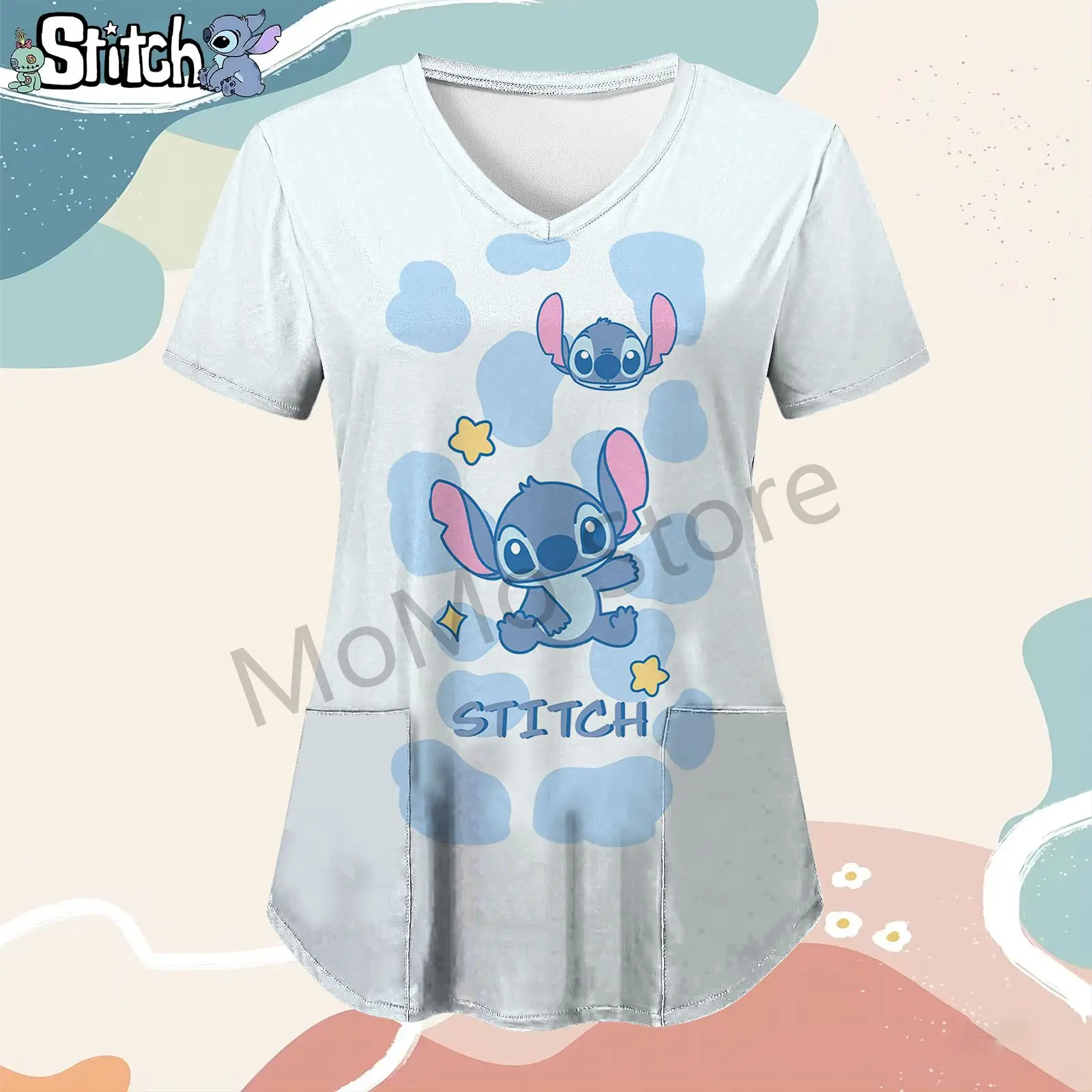 

Disney Stitch Pocket Kawaii Women's V Neck Nurse Uniform T-Shirt Tshirts Woman Tops 2024 Short Sleeve T-shirts S-2XL Y2k Summer