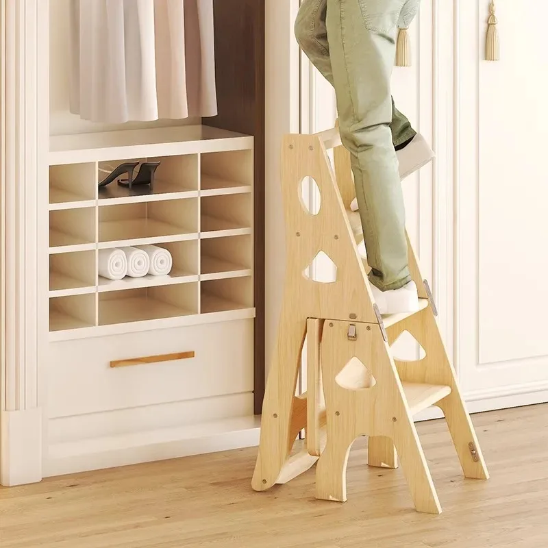 

Solid Wood Folding Step Ladder Chair, Dual-Use Adjustable Home Stool, Multi-Purpose Indoor Climbing Ladder, Compact Wooden Seat