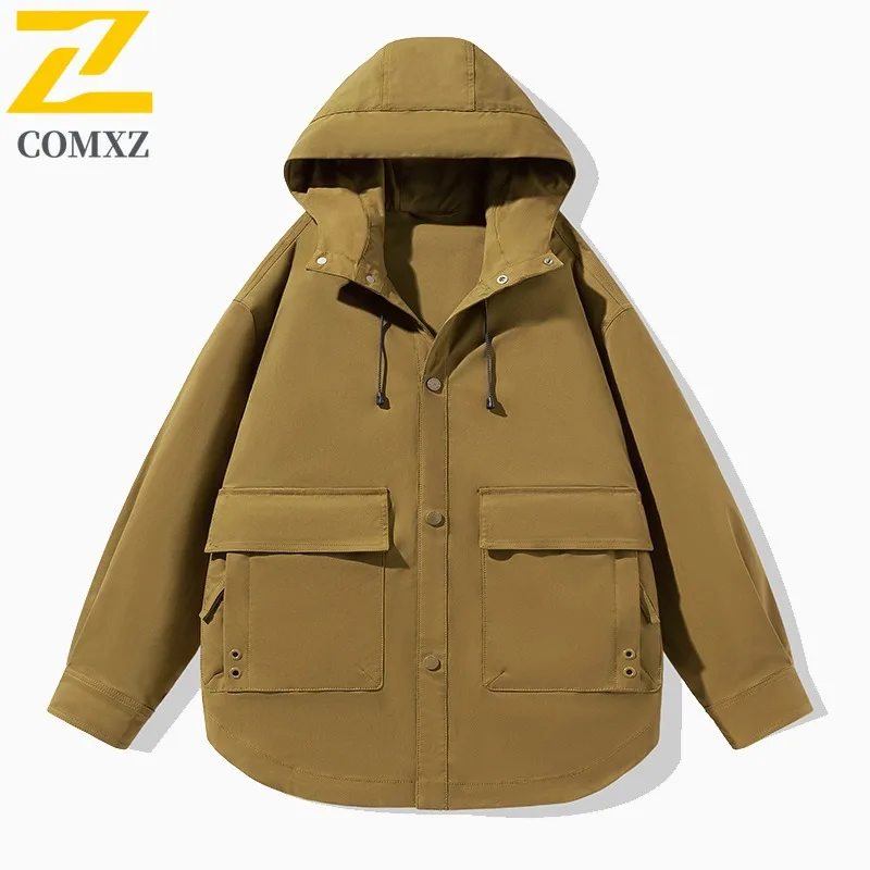 

COMXZ 2024 Autumn Winter New Men Workwear Jacket Casual Hooded Coat All-Match Trendy Outerwear Jacket lightweight windbreaker