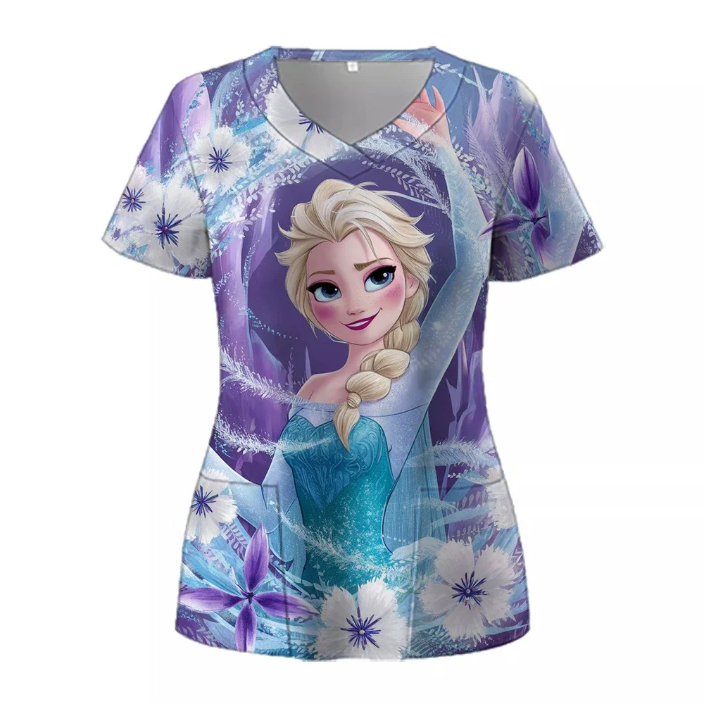 

Женская униформа принцессы Диснея с принтом «Холодное сердце», Эльза, Белоснежка, топы с короткими рукавами и v-образным вырезом, женская блузка, рабочая медицинская униформа для медсестры