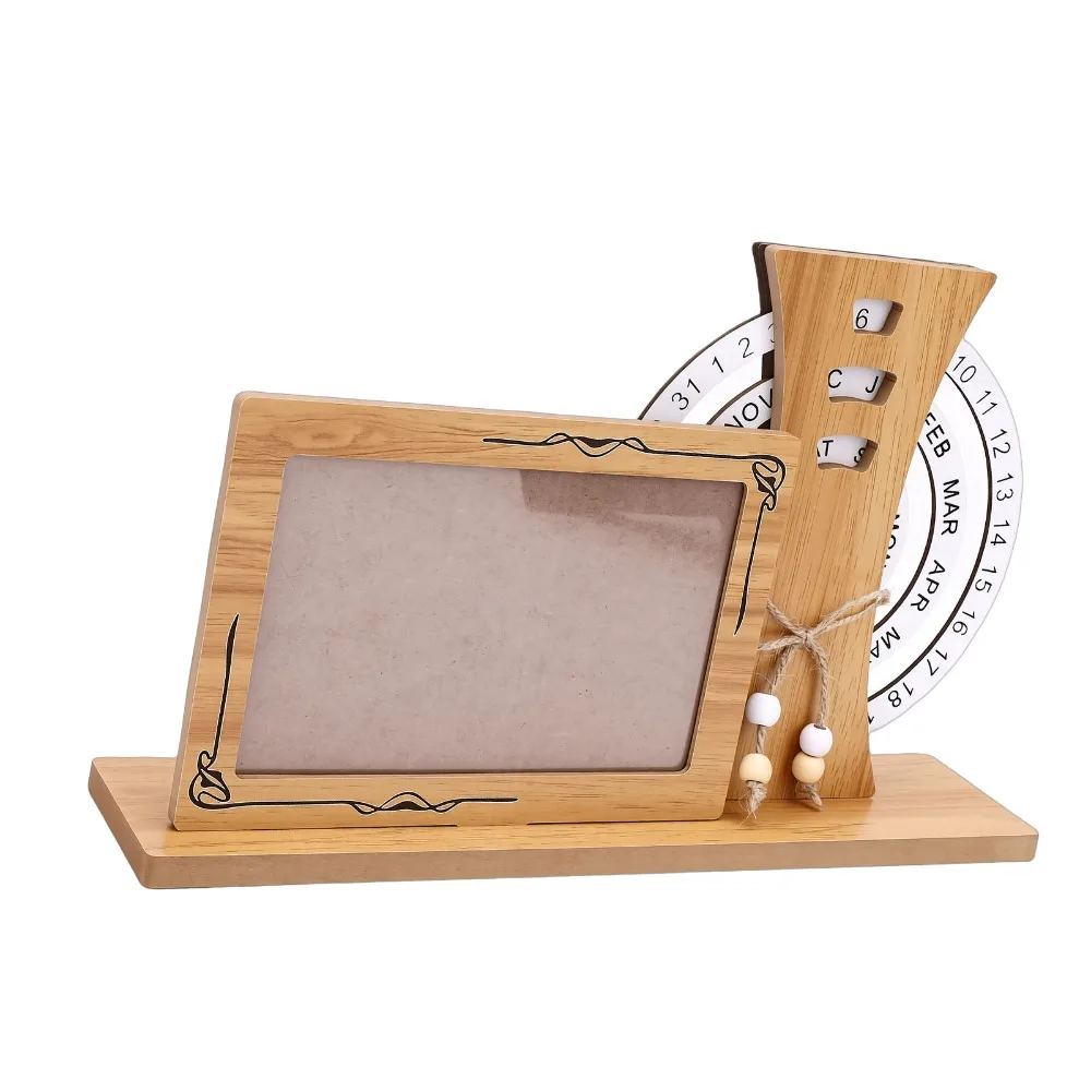 Wooden Perpetual Calendar Frame Insertable Photo Slot Rotating Display Desk Calendar Display Compact Tabletop Size