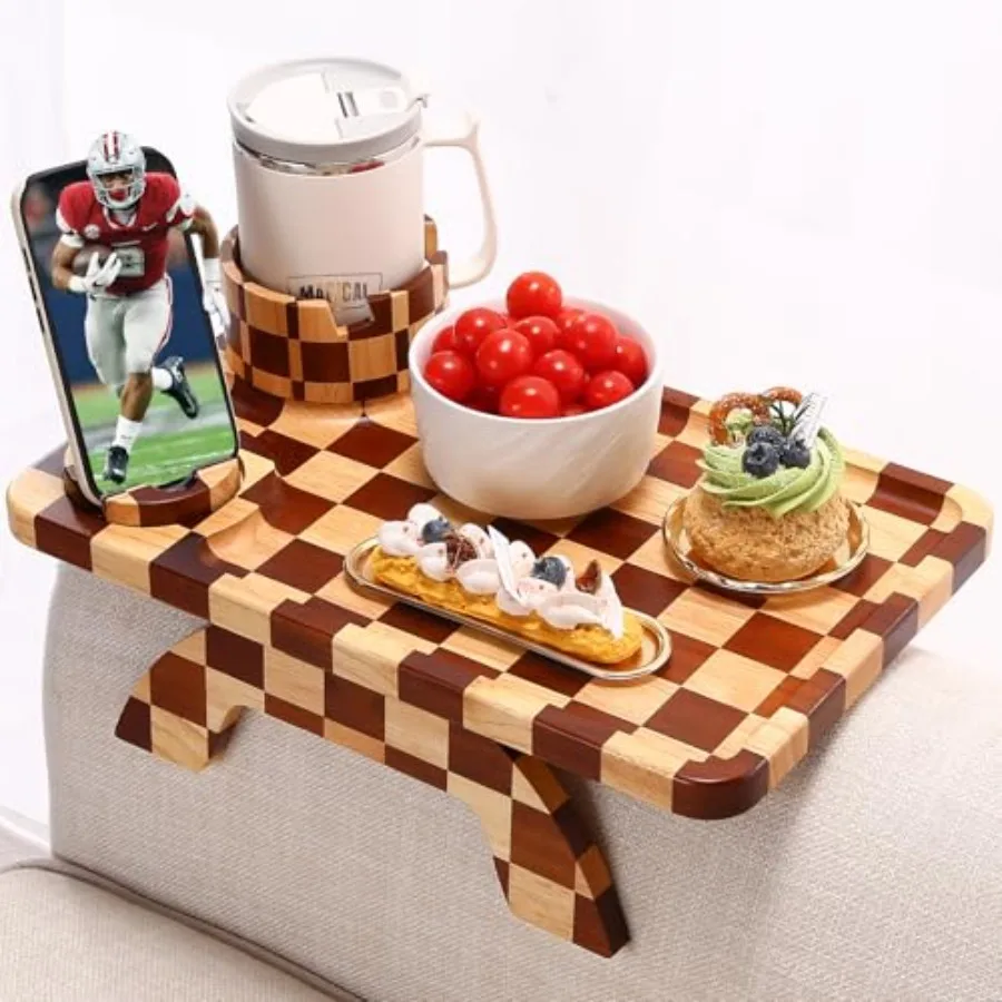 Checkered Rubber Wood Couch Arm Tray Sofa Armrest Tray with Rotating Cup Holder and Phone Stand Large Clip-on Sofa Side Table F