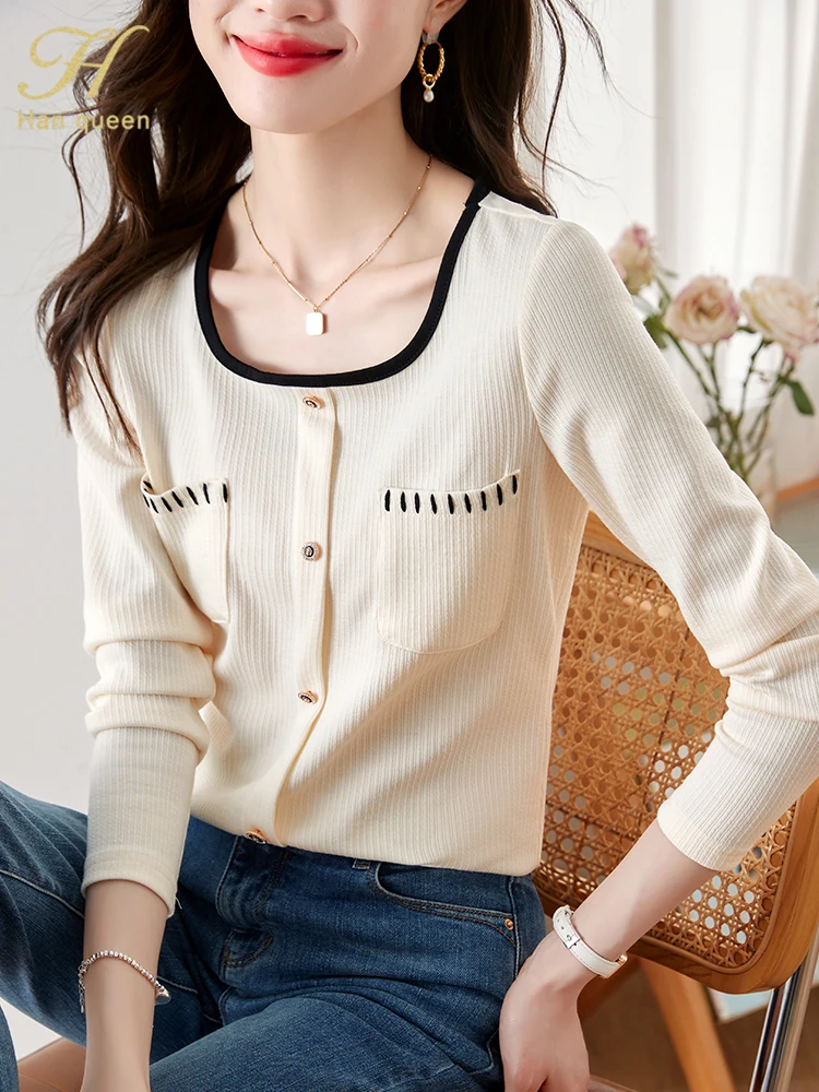 H Han Queen New Autumn Korean Color Blocking Elegant Long Sleeve T-Shirts Women Casual Basic Vintage Tops Simple Loose Work Tees