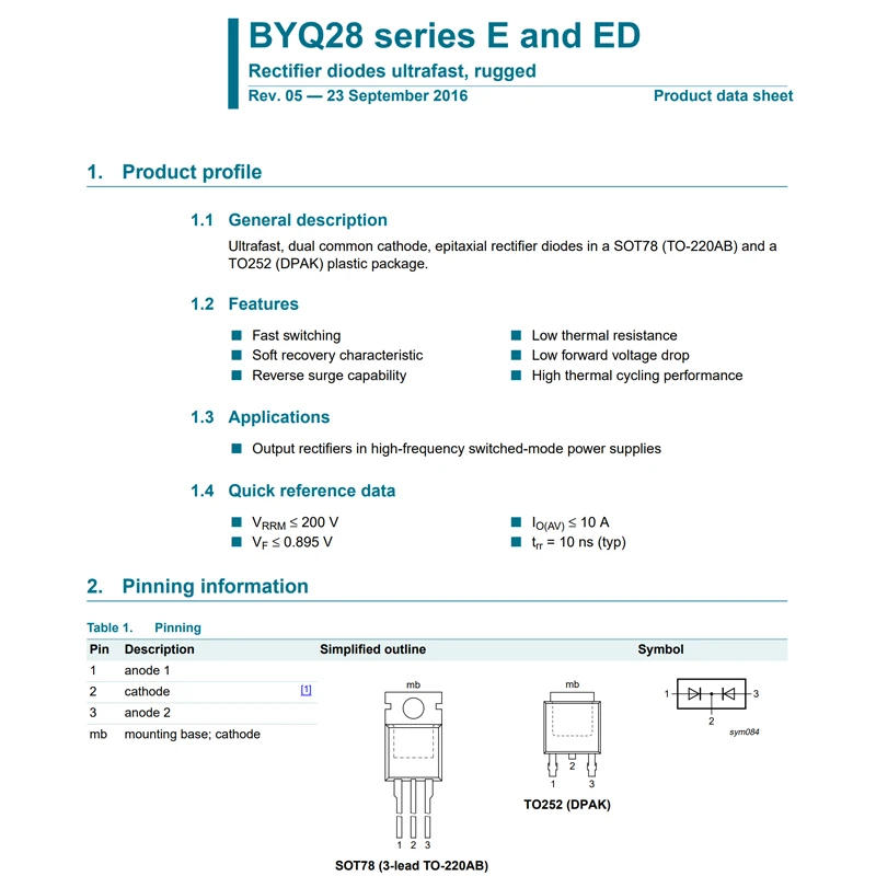 BYQ28ED-200 TO-252 5pcs Fast recovery/high-efficiency diode BYQ28ED Q28E20 Rectifier diodes ultrafast rugged