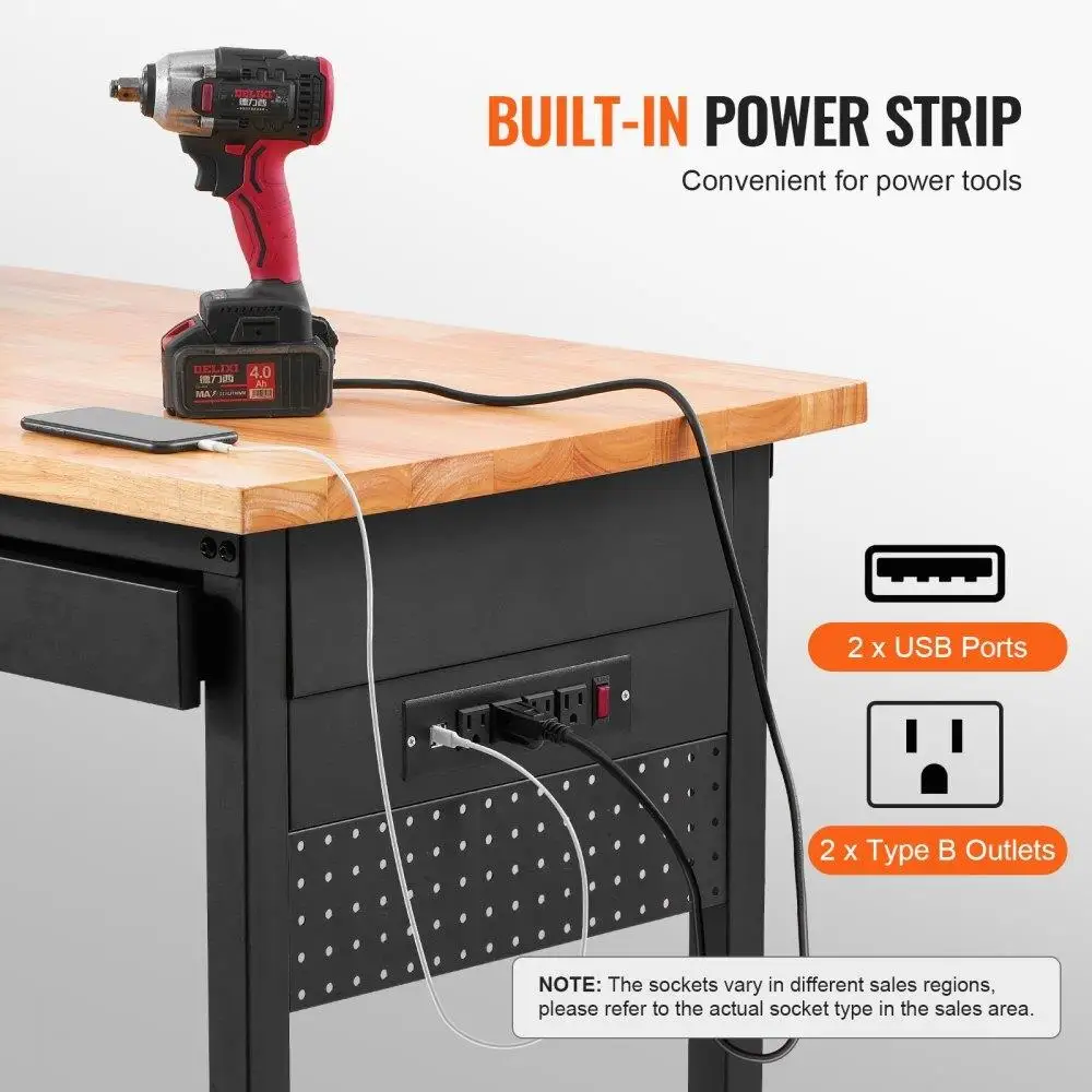 60-inch Adjustable Height Workbench with Wheels Power Outlet and Drawer