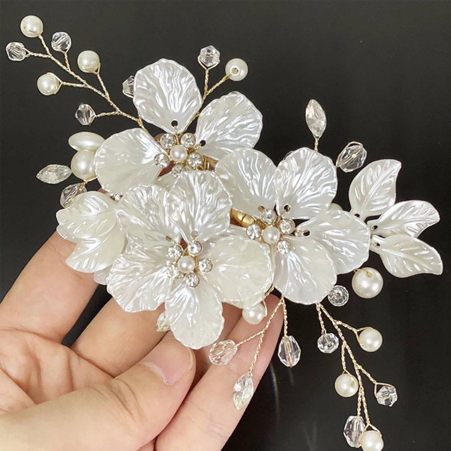 New White Flower Hair Clip Handwoven Bride Headwear Crystal Pearls Headpiece Clip Women Hair Accessories Jewelry Gift