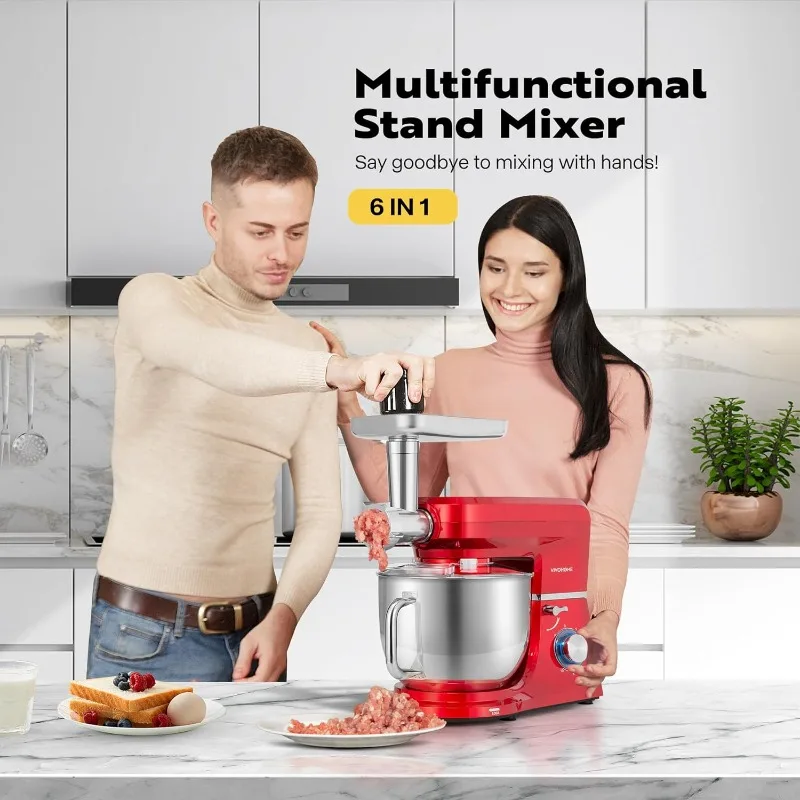 VIVOHOME Multifunctional Stand Mixer with 8.5 Quart Stainless Steel Bowl,660W 10 Speed Tilt-Head Meat Grinder,Juice Blender, Red