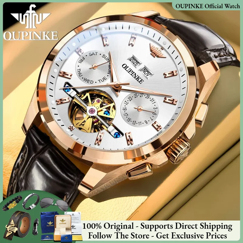 

OUPINKE 3291 Fully Automatic Men Mechanical Watch Leather Business Calendar Week Waterproof Clock Top Luxury Sapphire Men Watch